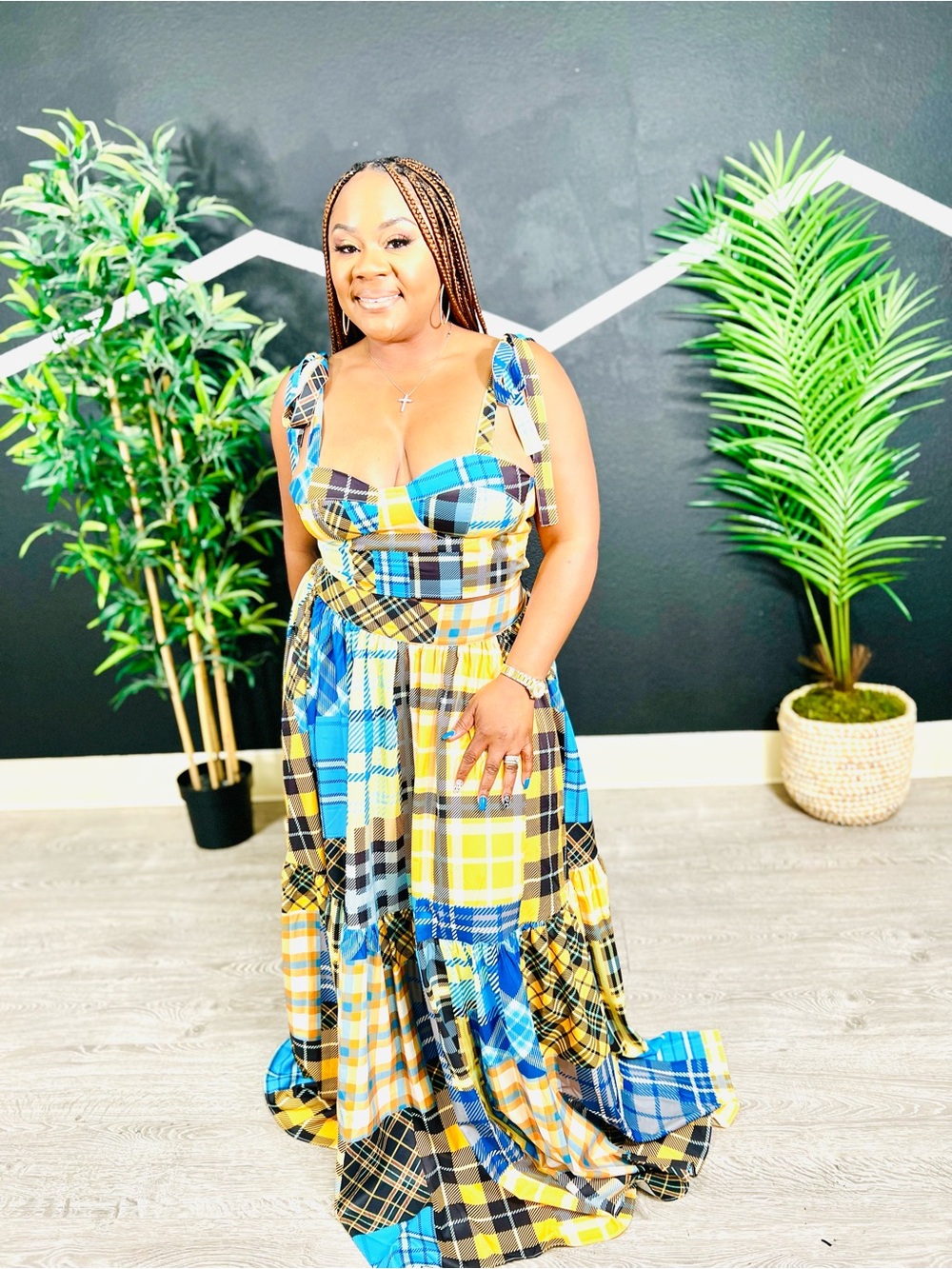 Blue & Yellow Plaid Two-Piece Maxi Set